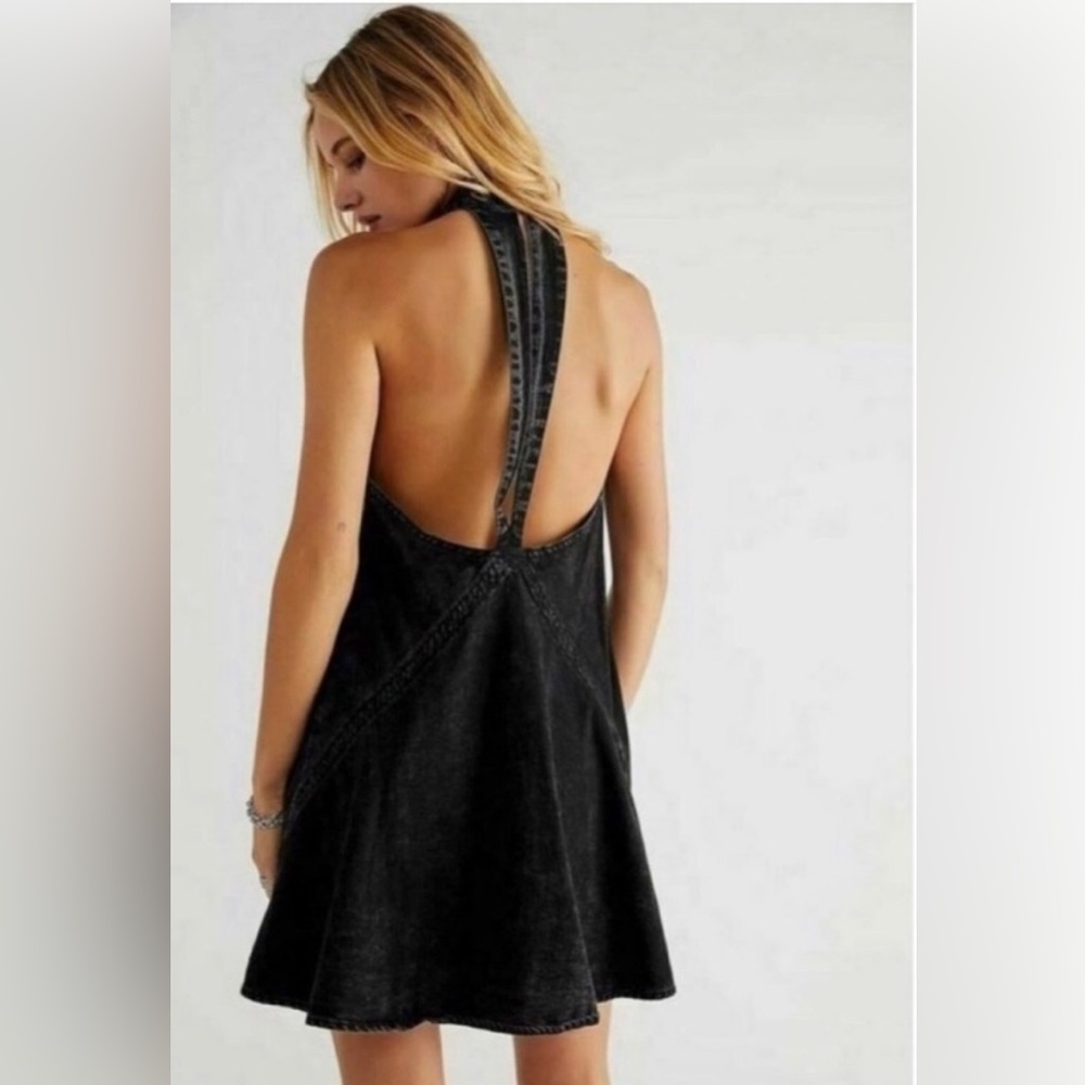 NWT Free People Rising Sun Mini Dress Washed Black Charcoal Denim Size Medium's